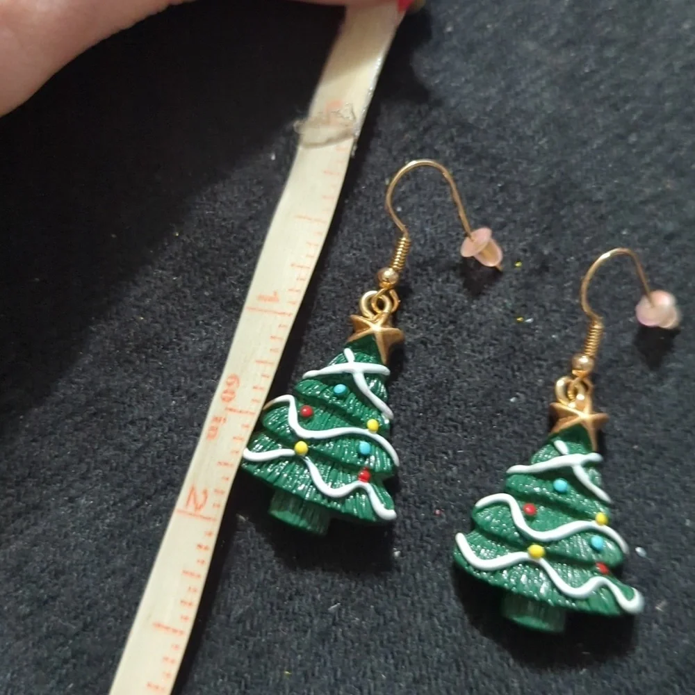 Gold Tone Green Christmas Tree Holiday Resin Dangle Statement Earrings